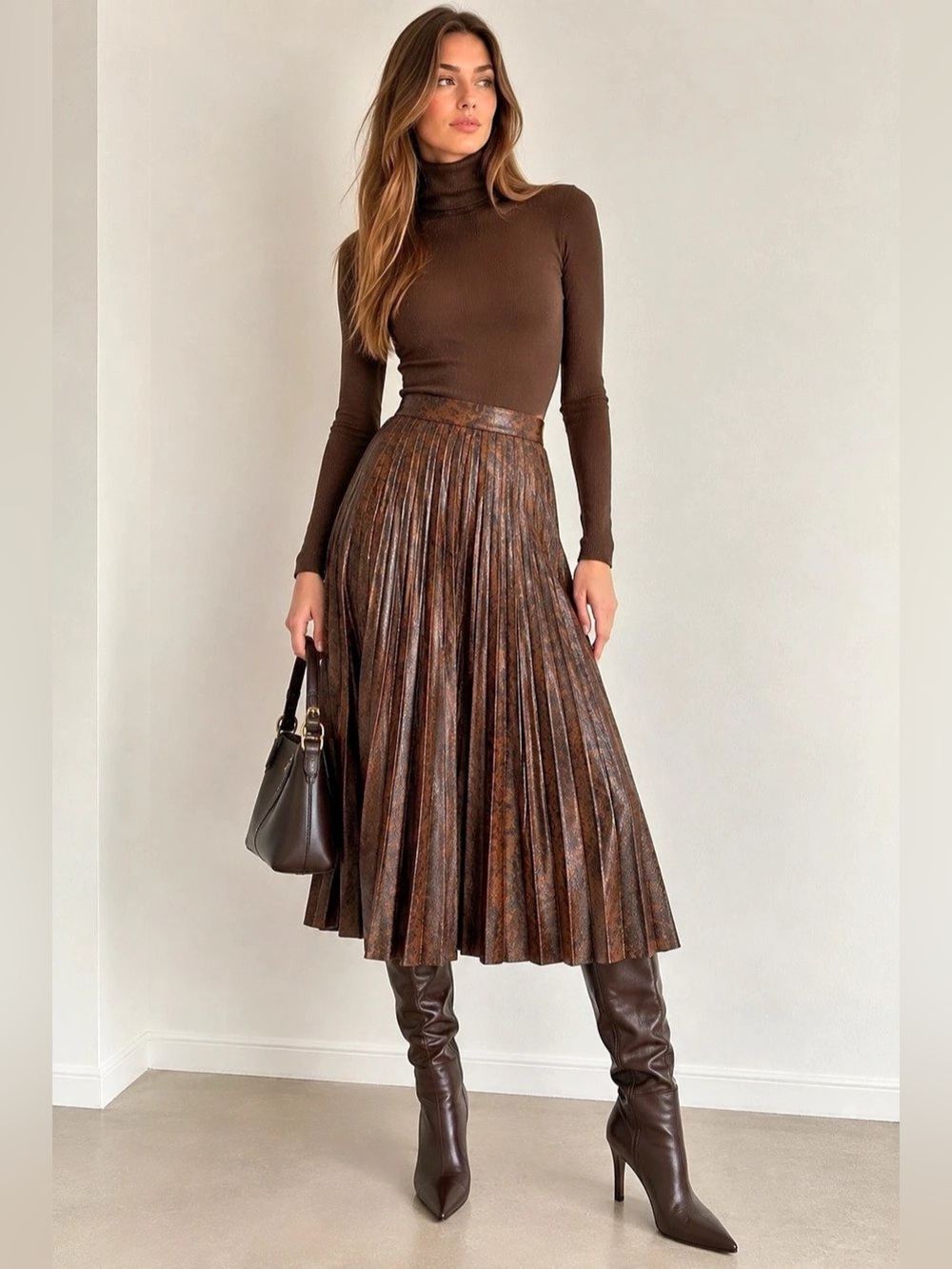 ZARA Brown Snakeskin Effect Pleated Midi Skirt